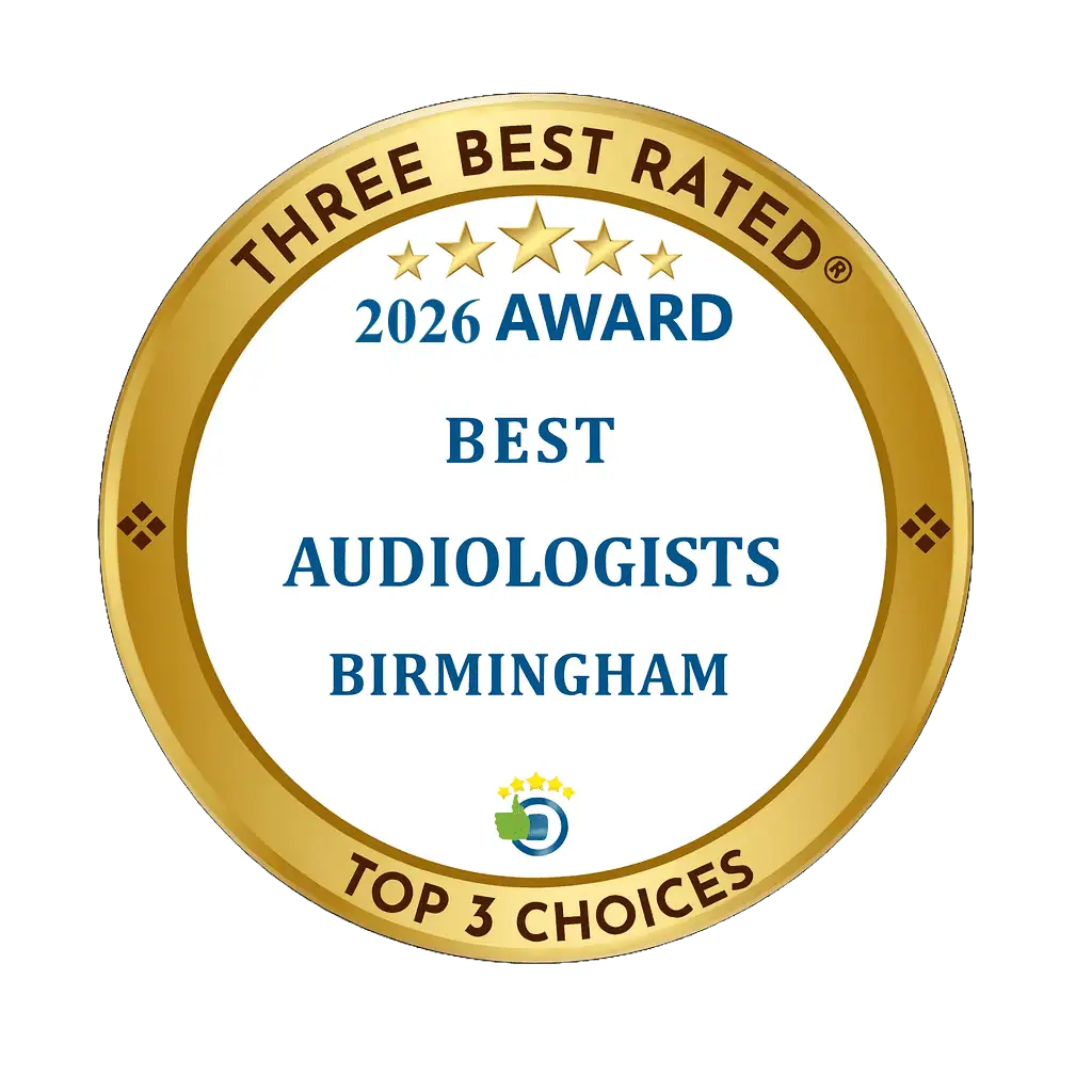 Circular gold award seal for top regional audiologists with star ratings and award text.